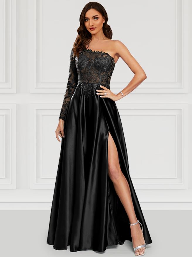 Model wearing an elegant A-line one-shoulder long sleeve black satin prom dress with a high slit.