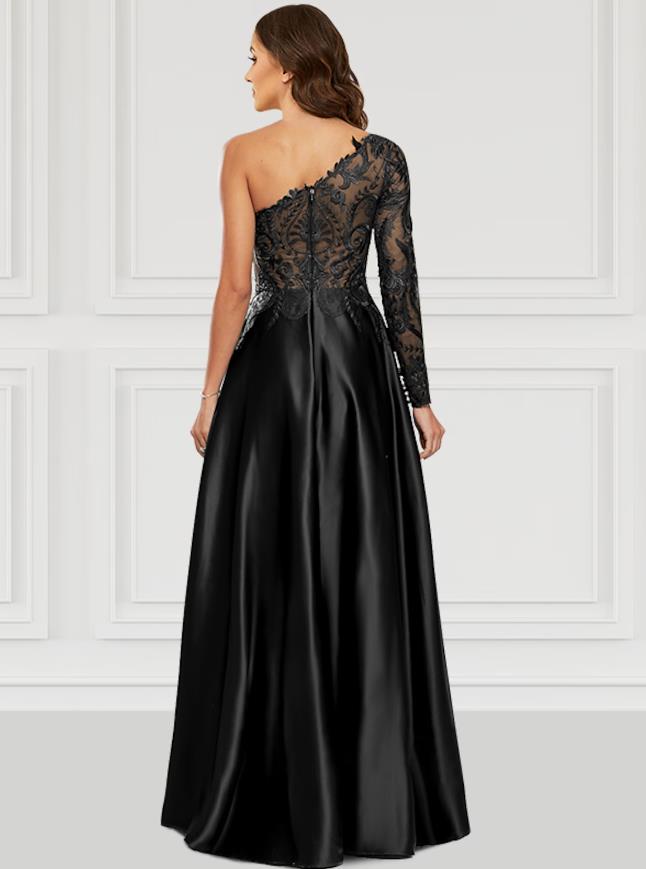 Side profile of an A-line black satin prom dress, showcasing the long sleeve and elegant drape.