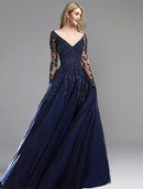 Elegant A-Line chiffon evening gown with long sleeves, plunging neck, and appliques.