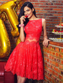 Elegant A-Line Plus Size Bateau Neck Lace Knee-Length Dress with Sash.