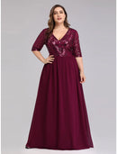 Elegant A-Line Plus Size Chiffon Half Sleeve Plunging Neck Floor Length Prom Dress.