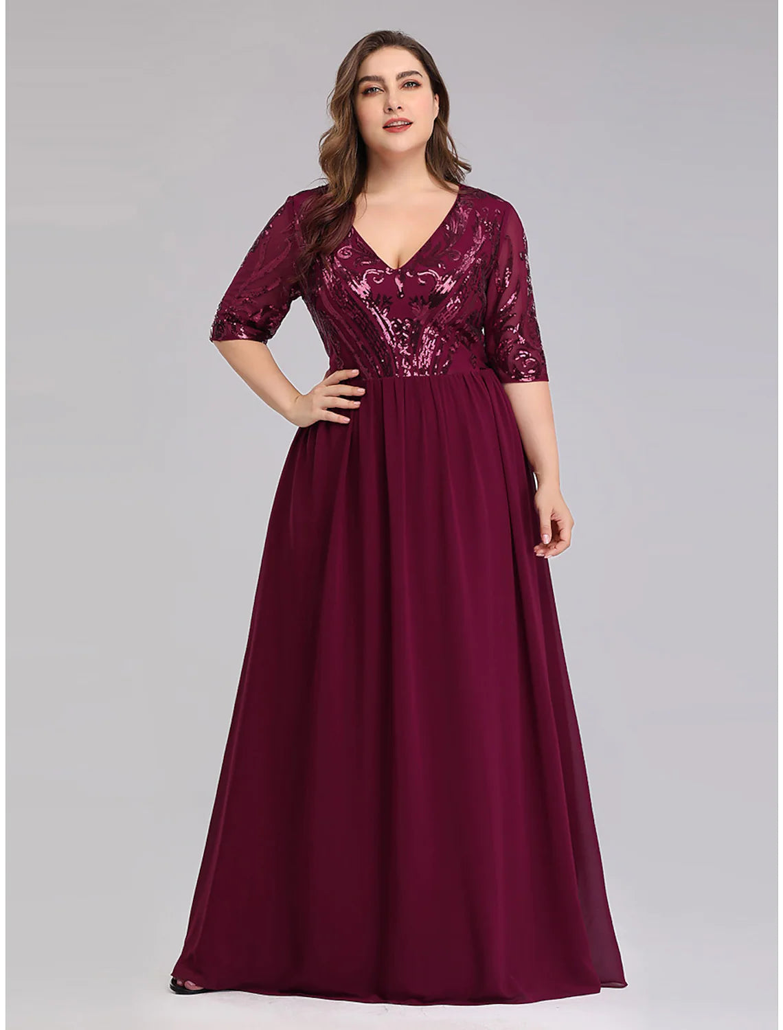 Elegant A-Line Plus Size Chiffon Half Sleeve Plunging Neck Floor Length Prom Dress.