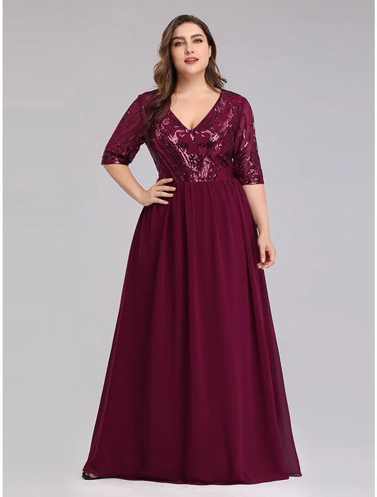 Elegant A-Line Plus Size Chiffon Half Sleeve Plunging Neck Floor Length Prom Dress.