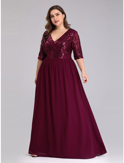 Elegant A-Line Plus Size Chiffon Half Sleeve Plunging Neck Floor Length Prom Dress.