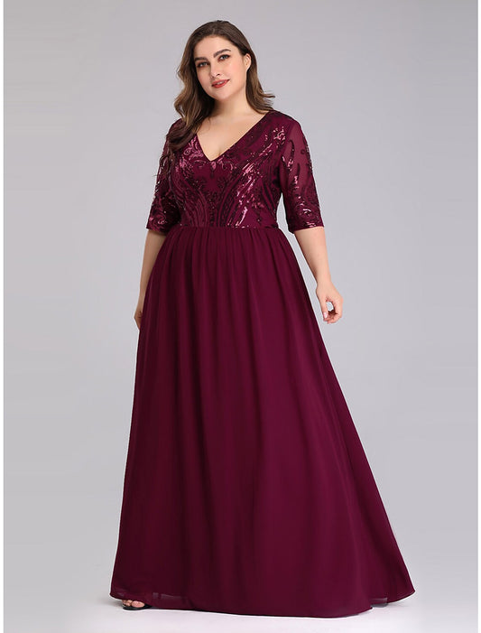 Elegant A-Line Plus Size Chiffon Half Sleeve Plunging Neck Floor Length Prom Dress.