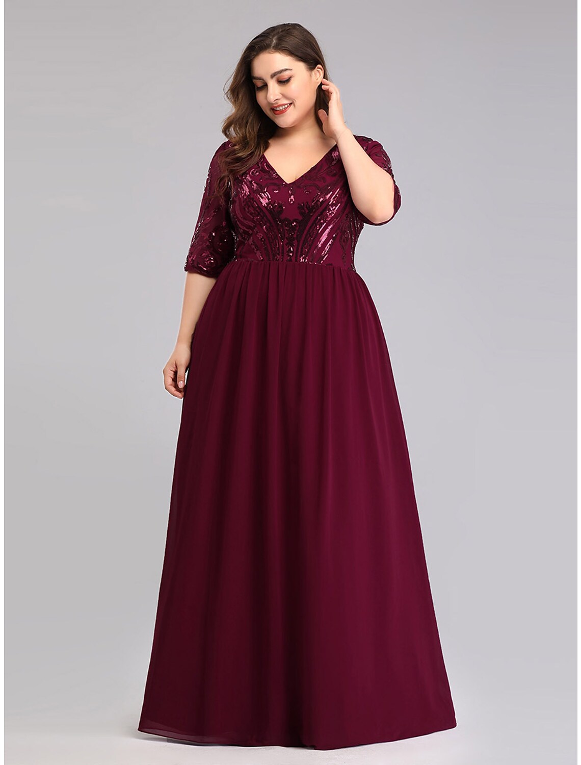 Elegant A-Line Plus Size Chiffon Half Sleeve Plunging Neck Floor Length Prom Dress.