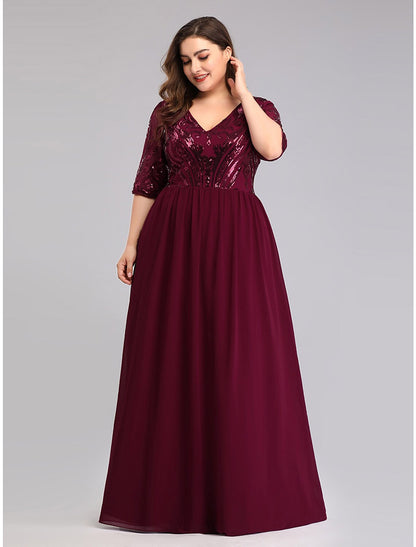 Elegant A-Line Plus Size Chiffon Half Sleeve Plunging Neck Floor Length Prom Dress.