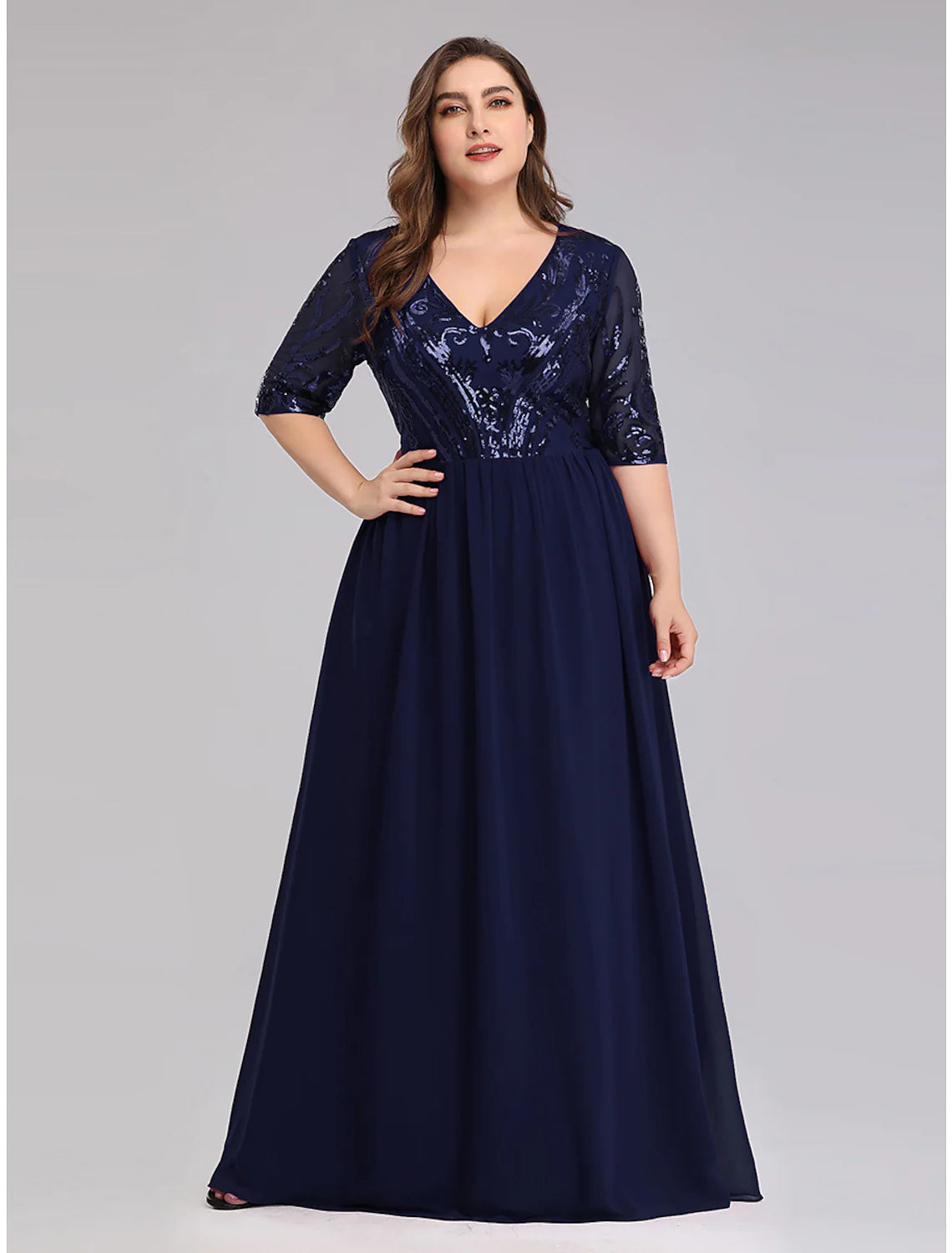 Elegant A-Line Plus Size Chiffon Half Sleeve Plunging Neck Floor Length Prom Dress.