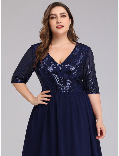 Elegant A-Line Plus Size Chiffon Half Sleeve Plunging Neck Floor Length Prom Dress.