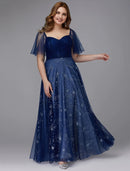 Elegant A-Line plus size prom gown with sweetheart neckline and short sleeves.