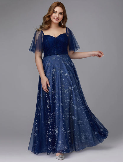 Elegant A-Line plus size prom gown with sweetheart neckline and short sleeves.