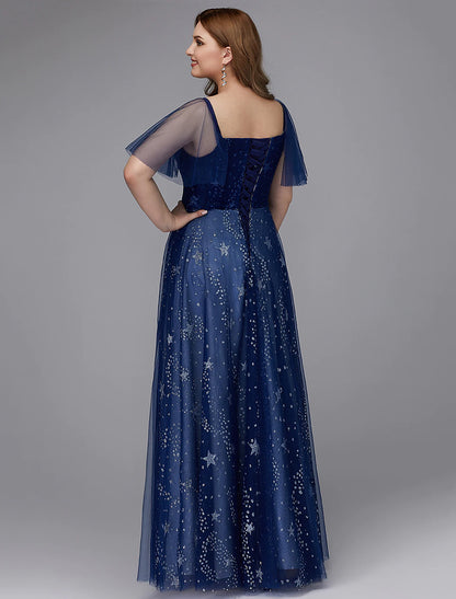 Side view of A-Line plus size prom gown with short sleeves.