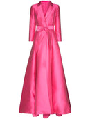 Elegant A-Line Satin Evening Dress, Shirt Collar, 3/4 Sleeves.