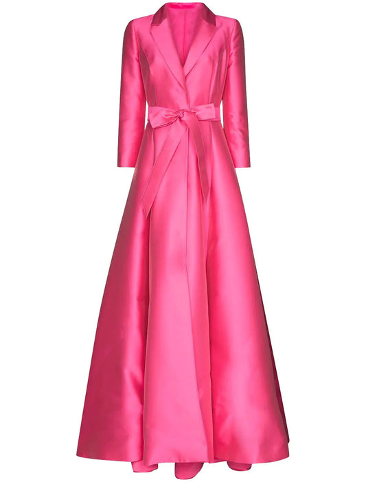 Elegant A-Line Satin Evening Dress, Shirt Collar, 3/4 Sleeves.