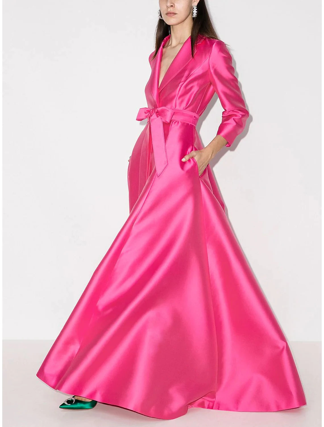 Elegant A-Line Satin Evening Dress, Shirt Collar, 3/4 Sleeves.