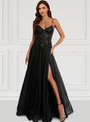 Elegant A-Line Spaghetti Strap Black Tulle Prom Dress with Glitter Slit.