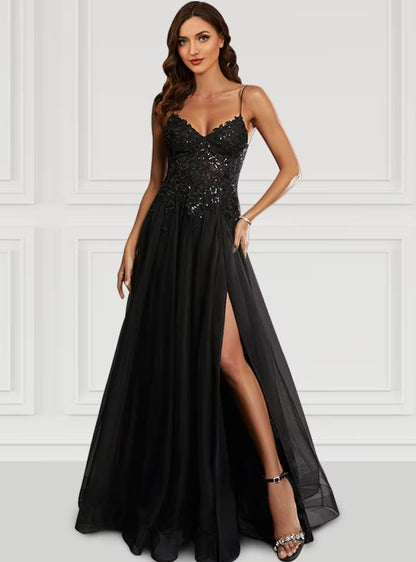 Elegant A-Line Spaghetti Strap Black Tulle Prom Dress with Glitter Slit.