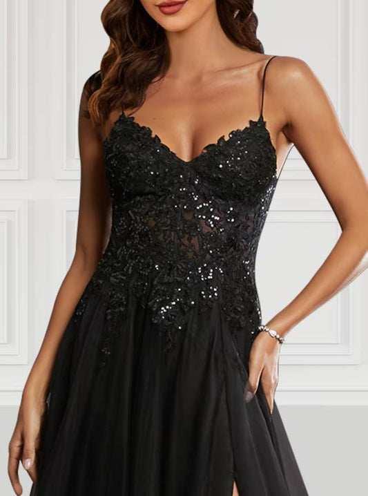 Elegant A-Line Spaghetti Strap Black Tulle Prom Dress with Glitter Slit.