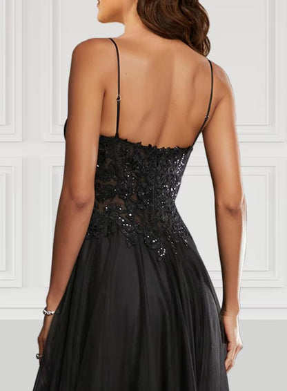 Elegant A-Line Spaghetti Strap Black Tulle Prom Dress with Glitter Slit.