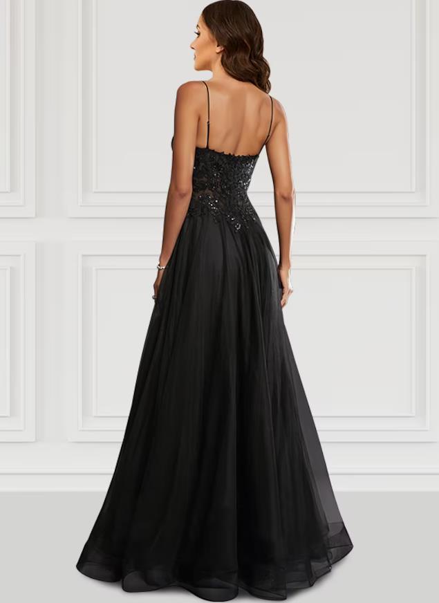 Elegant A-Line Spaghetti Strap Black Tulle Prom Dress with Glitter Slit.