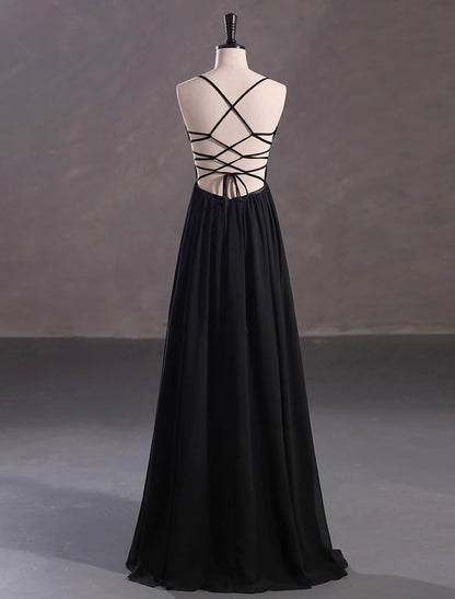 Chiffon A-Line evening gown featuring a sequin slit.