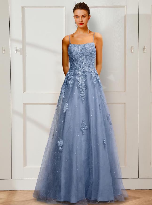 Elegant A-Line Spaghetti Strap Floral Applique Satin Floor Length Prom Dress.