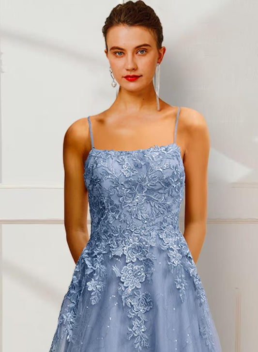 Elegant A-Line Spaghetti Strap Floral Applique Satin Floor Length Prom Dress.