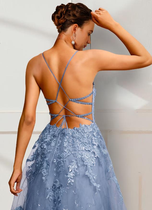 Elegant A-Line Spaghetti Strap Floral Applique Satin Floor Length Prom Dress.