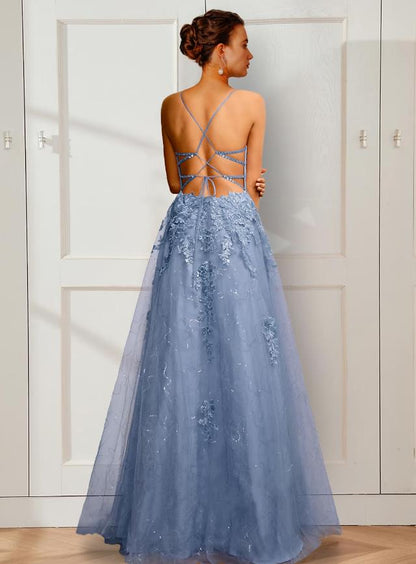 Elegant A-Line Spaghetti Strap Floral Applique Satin Floor Length Prom Dress.