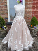 Elegant A-Line Spaghetti Strap Lace Colored Wedding Dress with Appliques Chapel Train.