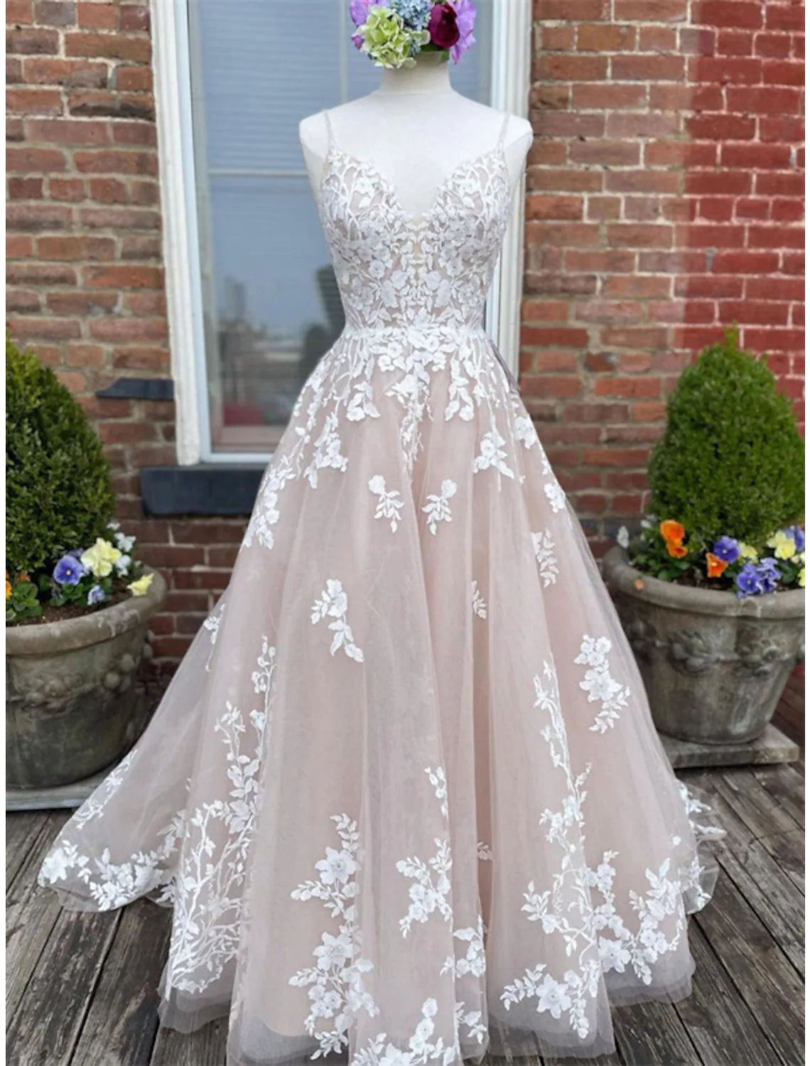 Elegant A-Line Spaghetti Strap Lace Colored Wedding Dress with Appliques Chapel Train.