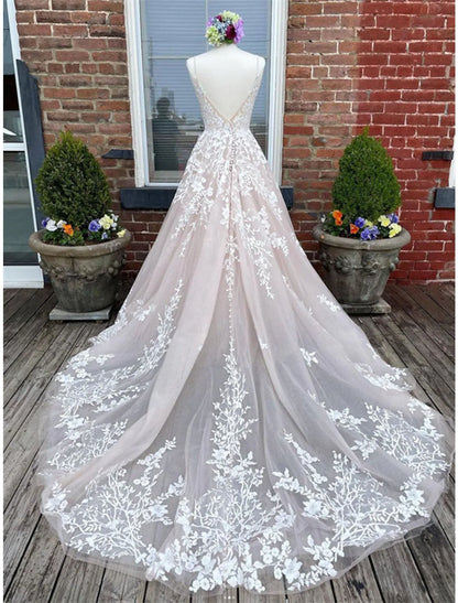 Elegant A-Line Spaghetti Strap Lace Colored Wedding Dress with Appliques Chapel Train.