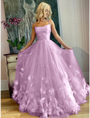 Elegant A-Line Spaghetti Strap Tulle Pleated Applique Floor Length Prom Dress.