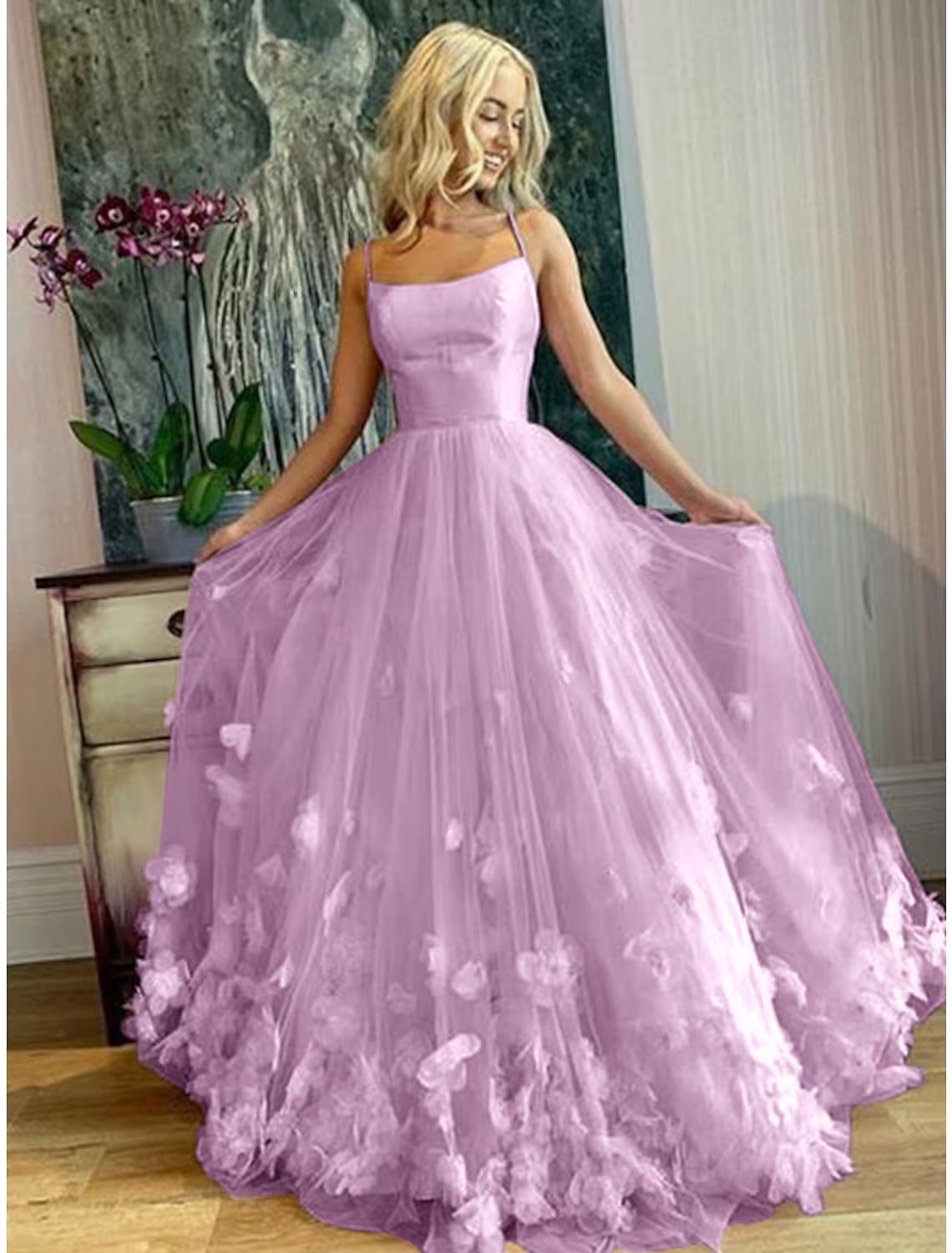 Elegant A-Line Spaghetti Strap Tulle Pleated Applique Floor Length Prom Dress.