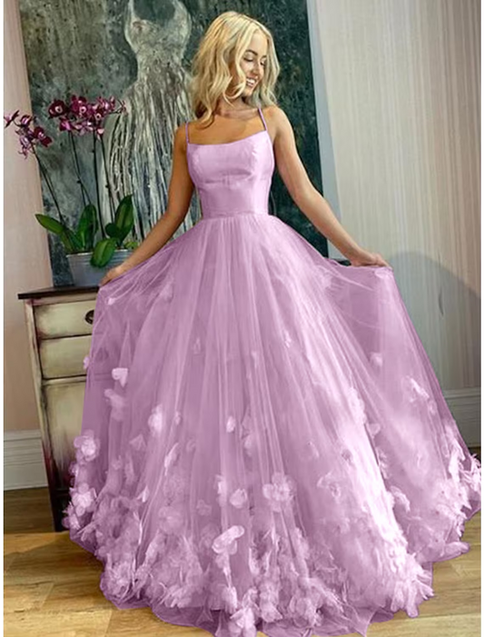 Elegant A-Line Spaghetti Strap Tulle Pleated Applique Floor Length Prom Dress.