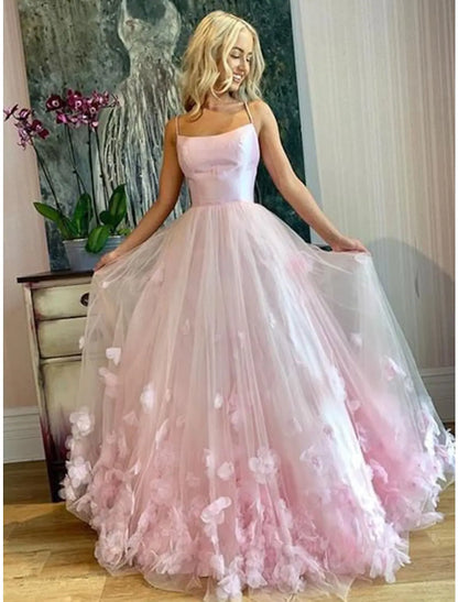 Elegant A-Line Spaghetti Strap Tulle Pleated Applique Floor Length Prom Dress.