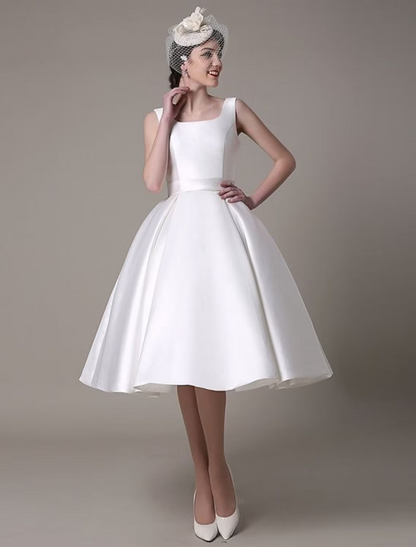 Elegant A-Line Square Neck Satin Pleated Knee-Length Cocktail Dress.