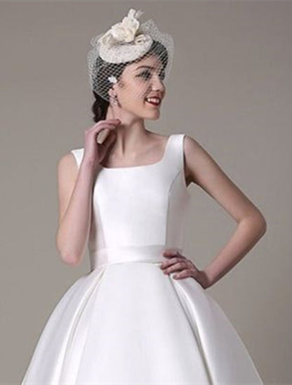 Elegant A-Line Square Neck Satin Pleated Knee-Length Cocktail Dress.