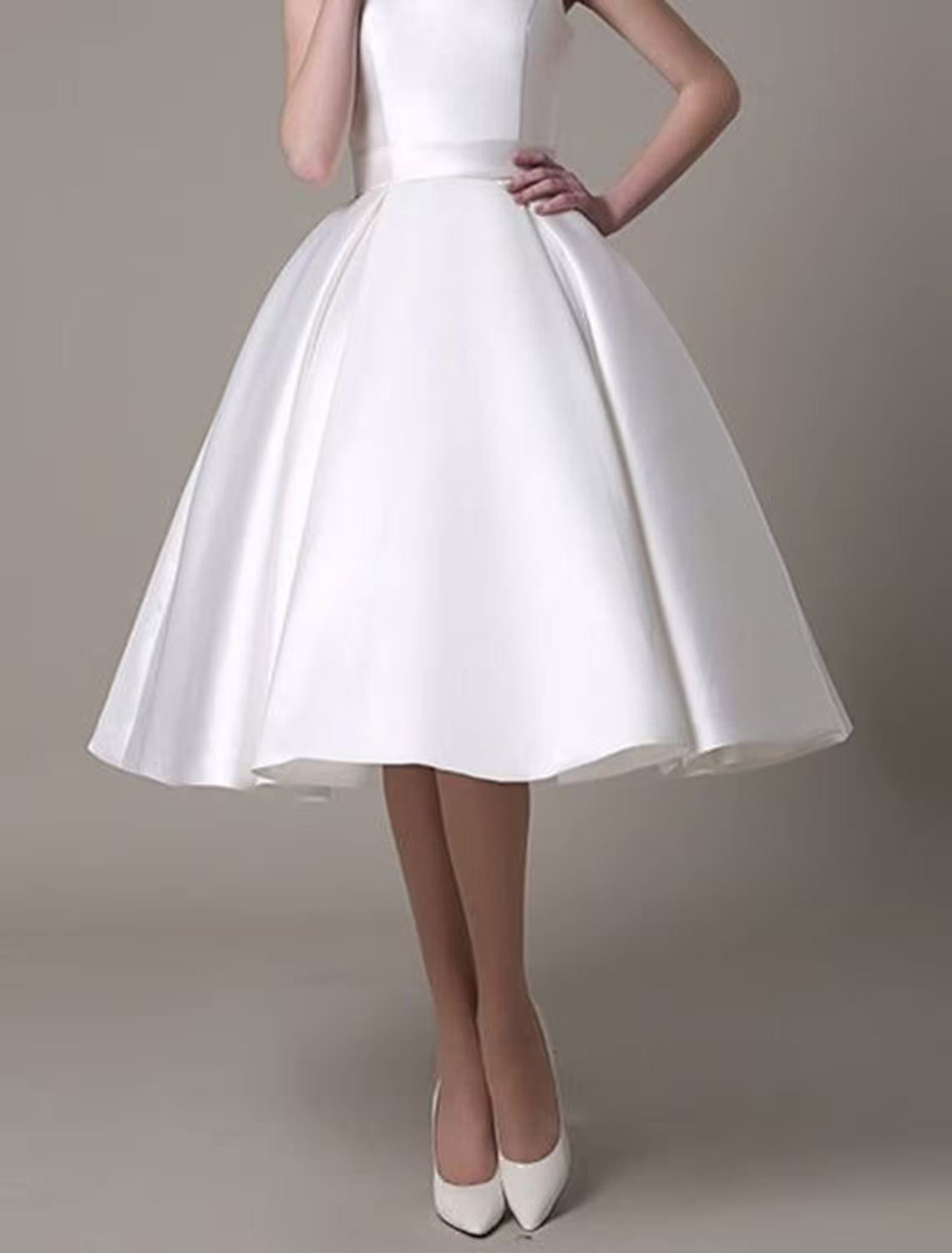 Elegant A-Line Square Neck Satin Pleated Knee-Length Cocktail Dress.