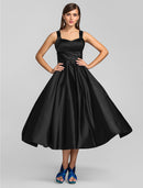 Elegant A-Line Square Neck Stretch Satin Criss Cross Tea Length Dress.