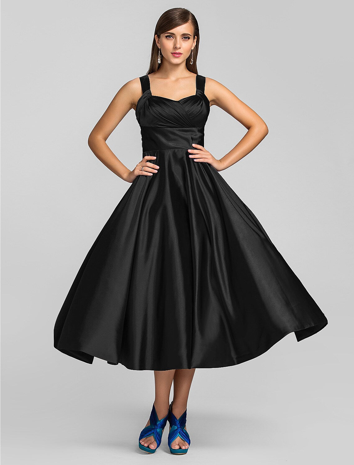 Elegant A-Line Square Neck Stretch Satin Criss Cross Tea Length Dress.