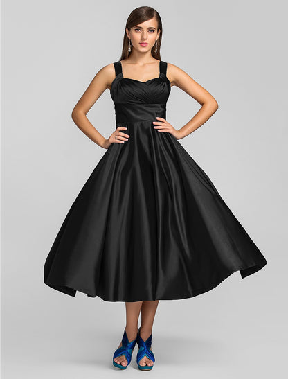 Elegant A-Line Square Neck Stretch Satin Criss Cross Tea Length Dress.
