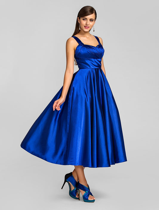 Elegant A-Line Square Neck Stretch Satin Criss Cross Tea Length Dress.