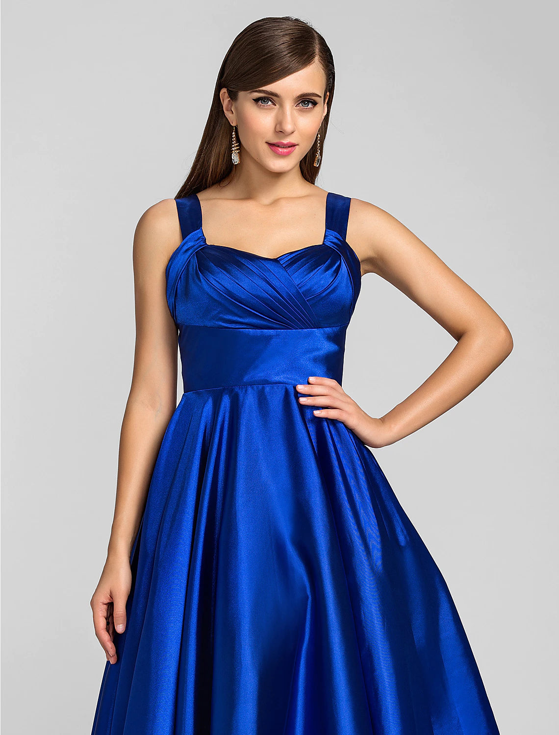 Elegant A-Line Square Neck Stretch Satin Criss Cross Tea Length Dress.