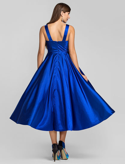 Elegant A-Line Square Neck Stretch Satin Criss Cross Tea Length Dress.