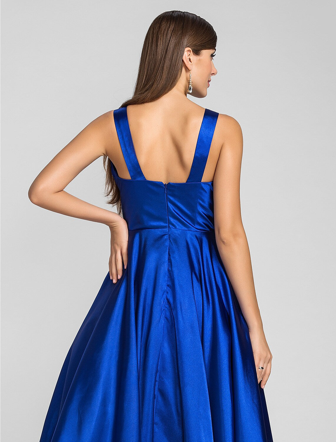 Elegant A-Line Square Neck Stretch Satin Criss Cross Tea Length Dress.