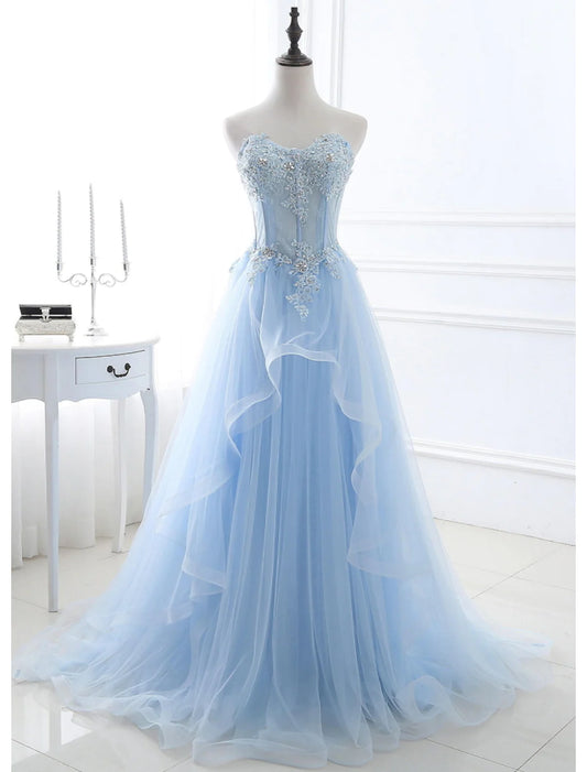 Elegant A-Line Strapless Floral Lace Prom Dress with Sweep Train.