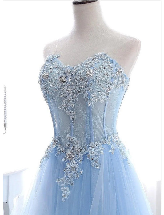 Elegant A-Line Strapless Floral Lace Prom Dress with Sweep Train.