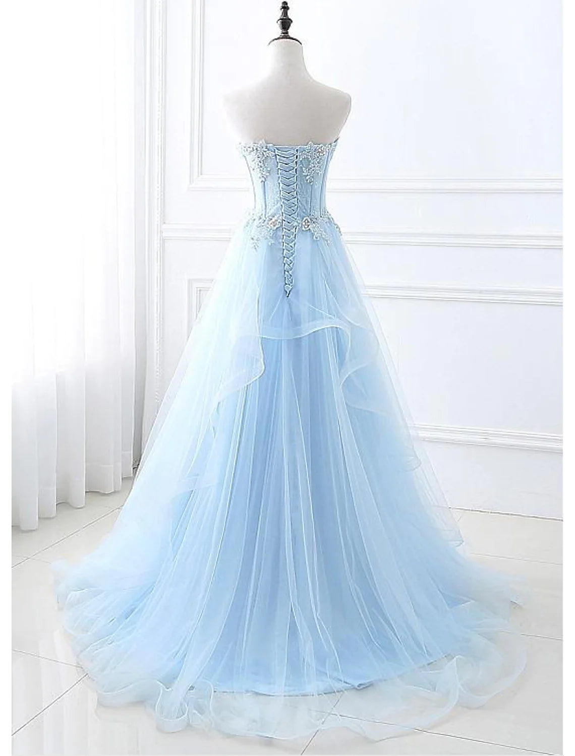 Elegant A-Line Strapless Floral Lace Prom Dress with Sweep Train.