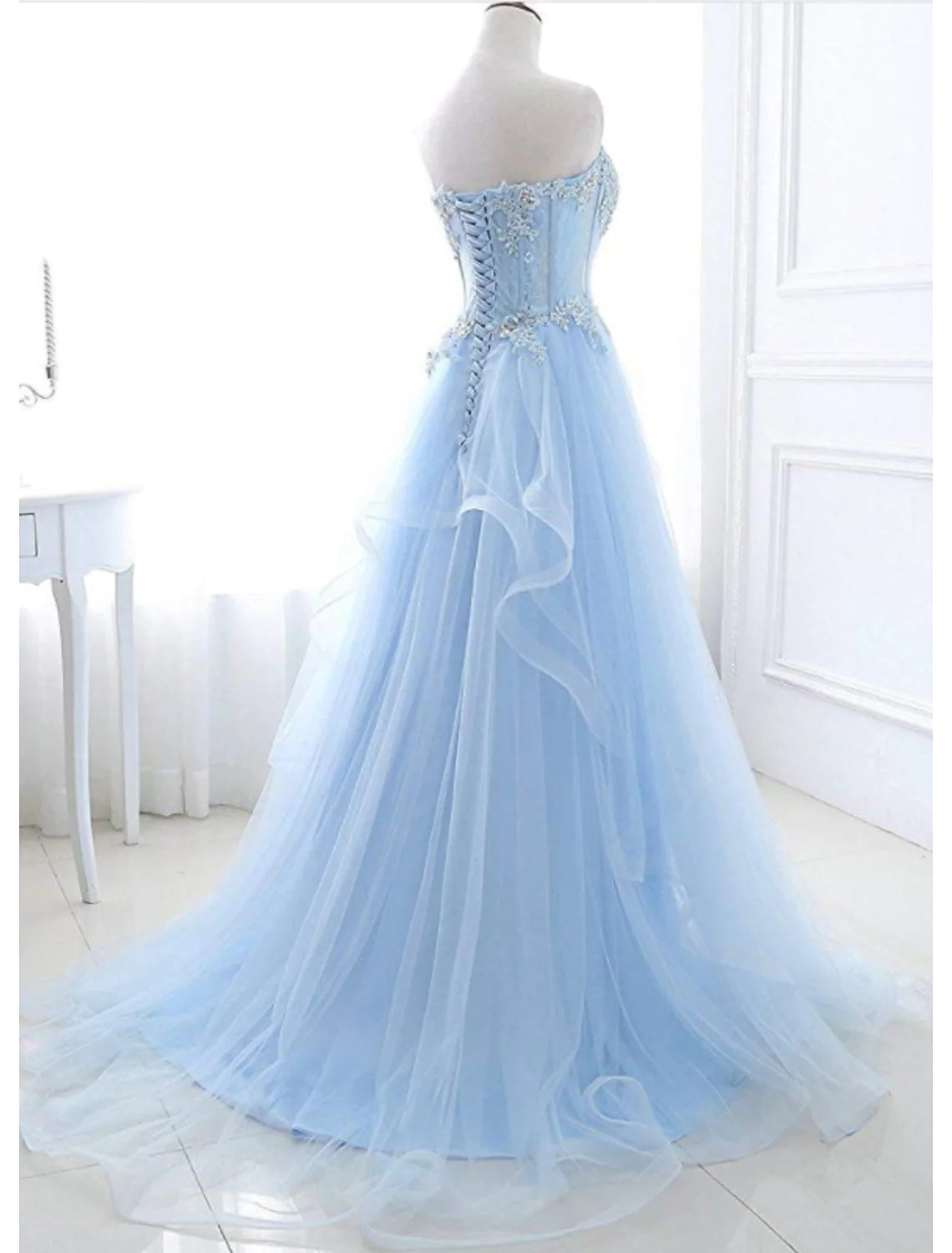 Elegant A-Line Strapless Floral Lace Prom Dress with Sweep Train.